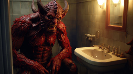 a demonic creature, rendered in unreal engine 5, lurks in a bathroom. this satirical commentary piece features a striking combination of red and gold hues, accentuating its otherworldly presence. with whiplash curves and mythological references, this celestialpunk-inspired creation showcases the power of unreal engine's capabilities. ai generatedの素材