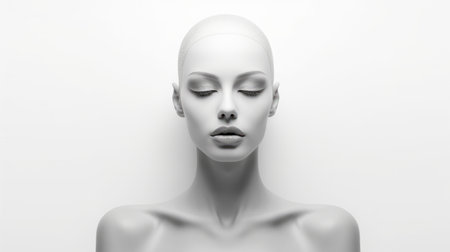 a closeup 3d illustration of a fashion figure mannequin, resembling monochrome portraits. the image exudes a calm and serene beauty with its light silver and white tones. this captivating photo, taken by victor nizovtsev, has a matte finish and a minimalistic serenity that is truly captivating. ai generatedの素材