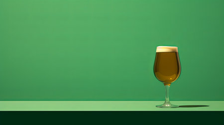 a glass of beer sits on a green background, showcasing a minimalist color field style. this 8k 3d image highlights traditional craftsmanship with influences from dutch and flemish art. the minimalist background, featuring a matte finish, adds a nonrepresentational touch to the composition. ai generatedの素材