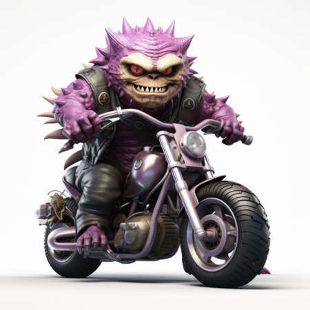 3d toy monster with purple hair riding a motorcycle with a helmet. this hyper-detailed rendering showcases explosive pigmentation and a reinterpreted human form. created using zbrush and inspired by the mythical creature, the manticore. captured with a pentax k1000 camera. ai generatedの素材