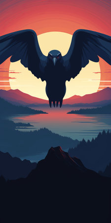 a vulture perched on a mountain peak during a captivating sunset. this photo, reminiscent of necronomicon illustrations, showcases a flat perspective and dragon art elements. with its eye-catching composition and dark reflections, this contemporary canadian artwork is presented in stunning 8k resolution. ai generatedの素材