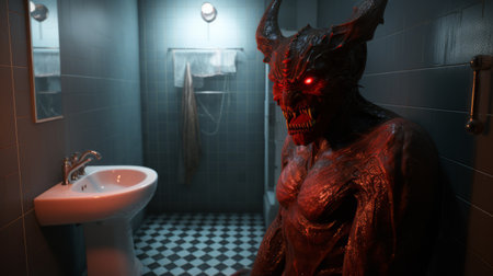 a demon with a red demon head stands in a bathroom, its reflection visible in the mirror. the image is rendered in the style of unreal engine with rtx on, using the zeiss batis 18mm f/2.8 lens. this close-up shot by eve ventrue and artur tarnowski captures the intense atmosphere. mike campau's artistic touch adds to the overall impact. ai generatedの素材