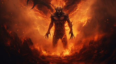 the devil, portrayed with a fiery mask, stands before a blazing fire in this hyper-detailed and realistic rendering by artist andrew ferez. this uhd image captures the dark and foreboding atmosphere, showcasing otherworldly beings amidst high-resolution, nihilcore-inspired landscapes. ai generatedの素材
