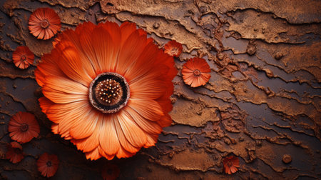a red flower with rust patterns, reminiscent of caras ionut's style, stands out against a polychrome terracotta backdrop. the post-apocalyptic setting, inspired by robert smithson, adds a unique touch to the image. the dark brown and orange hues complement the eroded surfaces, creating a visually captivating and decorative background. ai generatedの素材