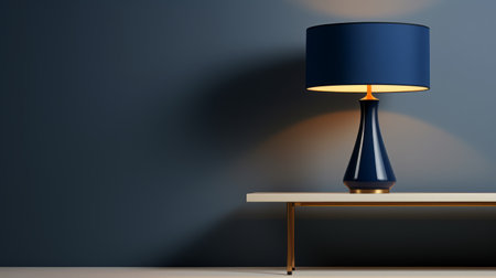 living room 3d render featuring a lamp and white wall. the room is designed in a dark blue and bronze style, with a matte background. the tabletop photography showcases a glossy finish, creating a strong contrast and chiaroscuro effect. the color scheme includes dark blue and light blue, inspired by the works of edward poynter. ai generatedの素材
