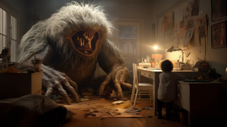 the monster, inspired by the artistic styles of mike campau, asher brown durand, and furry art, is depicted sitting in the corner of a room. this captivating visual storytelling is enhanced by the use of the sony fe 24-70mm f/2.8 gm lens, capturing the details of the monster's features. the light in the room creates a soft and inviting atmosphere with its white and beigeの素材