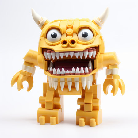 a yellow lego monster toy is held in front of a white wall, showcasing a detailed and layered composition. the character design is intricate, with lively facial expressions. the monochromatic chaos of light gold and light beige adds to the uniqueness of the image. shot with a wollensak 127mm f47 ektar lens, this photo captures the essence of grotesque characters in a captivating style. aiの素材