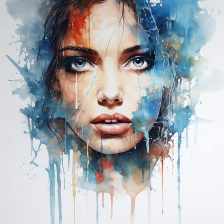 a woman is depicted in this stunning watercolor painting, showcasing the unique style of spray painted realism. her strong facial expression captivates the viewer, while the contrasting colors of blue and amber add depth and intrigue. this illustration seamlessly blends realistic and fantastical elements, making it a truly mesmerizing piece. created on large scale canvases, this illustration is a true work of art. ai generatedの素材