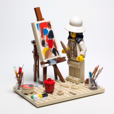 a lego artist minifigure is captured in a studio portrait, passionately painting on an easel. the artist's enthusiasm is evident as they create art in the style of traditional photographic techniques. the light beige background beautifully juxtaposes the objects in the scene, creating a caravaggesque atmosphere. this maquette-like composition evokes a sense of plein air creativity. ai generatedの素材