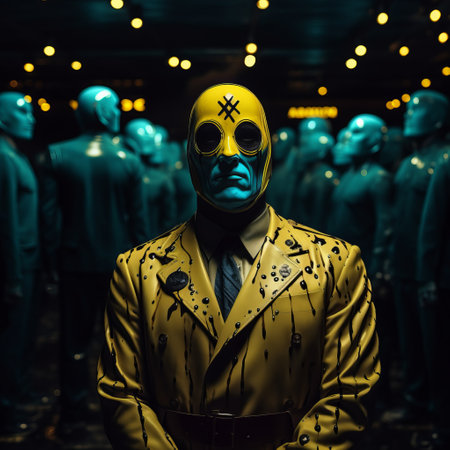 a man in a mask stands alongside a group of men, creating a visually striking image with dark turquoise and yellow tones. this bold fashion photography captures the essence of b-movie aesthetics and atompunk style. the otherworldly grotesquery of the scene is beautifully portrayed through the lens of a sony alpha a7 iii camera. ai generatedの素材