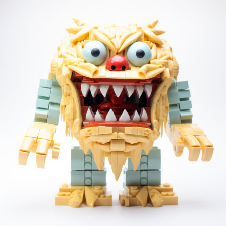 a small lego monster, inspired by boldly fragmented dayak art, is captured sitting on a white background. the photo, taken with a samyang af 14mm f2.8 rf lens, showcases the monster in light beige and light aquamarine colors. the artistic style emphasizes emotion over realism, with unmodulated colors reminiscent of phoenician art. ai generatedの素材