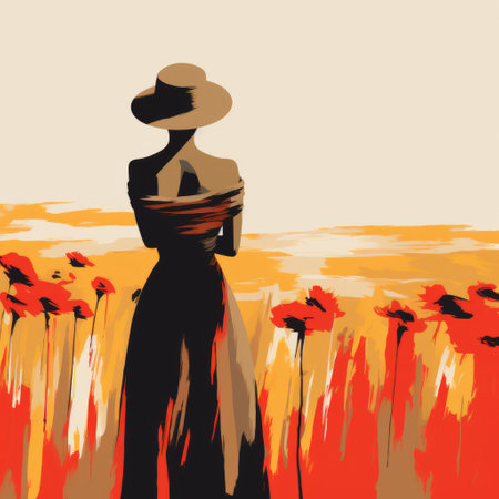 a fashion-illustration style artwork featuring a girl wearing a hat, set against a backdrop of vibrant sunflowers and poppy fields. the tonalist technique creates a beautiful interplay of light red and dark beige hues. the silhouette figures evoke a post-war era, while the strip painting style adds a touch of modern illustration to this captivating piece. ai generatedの素材
