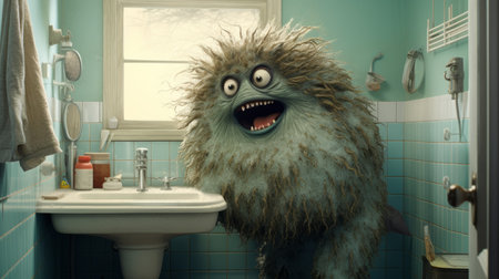 a white towel lies neatly next to the sink, creating a clean and refreshing atmosphere. the inventive character designs, gritty reportage, spiky mounds, photobashing, animated exuberance, light green, and navy colors, along with the presence of fantastic creatures, add a touch of creativity and excitement to the scene. ai generatedの素材