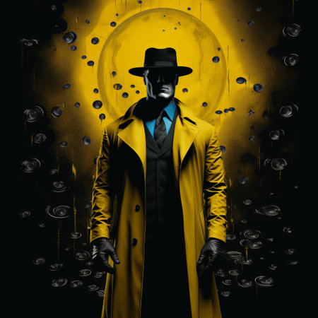 a cyborg man, wearing a trenchcoat and helmet, stands confidently against a dark black background. the artwork, reminiscent of movie posters, combines elements of eastern and western fusion. the vibrant colors of yellow and aquamarine create a mysterious and pop-inspired imagery. the isolated figure adds to the intrigue of this captivating poster art. ai generatedの素材