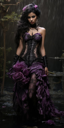 a beautiful girl in a black and purple dress stands gracefully in the rain, showcasing the intricate steampunk style. the photograph captures the exquisite clothing detail and showcases the artist's skill in creating intricately textured body extensions. the use of schlieren photography adds a unique visual effect, while the limited color range enhances the overall aesthetic. ai generatedの素材