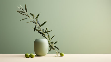 olive branches arranged in a green vase, showcasing a minimalist background and the vibrant use of light and shadow. this composition, rendered in the style of octane render, features a juxtaposition of objects and a soft color palette. the sabattier filter adds an intriguing touch to the overall aesthetic. ai generatedの素材