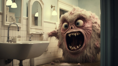 an alien monster with dynamic and exaggerated facial expressions stands next to a bathroom sink in a gritty urban scene. this photo, captured by mike campau and shared on flickr, showcases the spiky mounds on the creature's body. the light pink and white colors add to the overall aesthetic of the image. ai generatedの素材