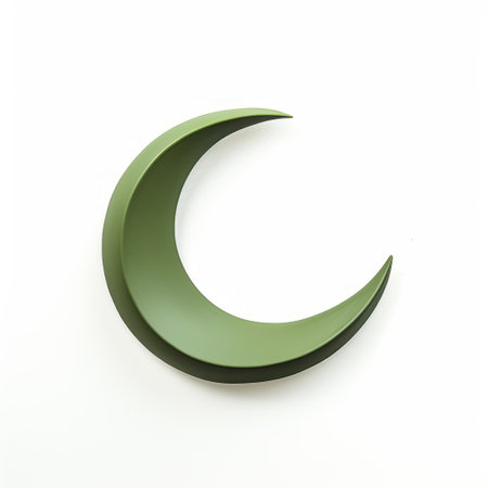 a green crescent, made of aluminum and depicted in a simplistic cartoon style, stands against a white background. this sculpture-based photograph showcases the use of common materials and incorporates religious iconography. with a touch of weathercore aesthetic, the 3d design adds depth and dimension to the image. ai generatedの素材