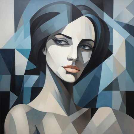 a geometric design of a woman in the style of crystal cubism is displayed on a wall above a mirror. the portrait painting showcases a woman wearing a dress and with hair, featuring a strong facial expression. the dark gray and light blue color scheme adds to the timeless beauty of the artwork, while bold shadows in dark cyan and beige create a striking visualの素材