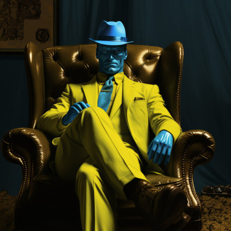 a man in a suit sits in a chair, surrounded by a dark aquamarine and yellow color scheme. this artwork, created using zbrush and mixed media techniques, captures the essence of the absinthe culture. the combination of yellow and blue hues, along with the use of volumetric lighting, brings lifelike figures to life in this mesmerizing piece. ai generatedの素材