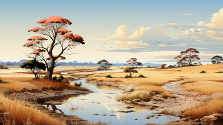 a majestic and sweeping seascape featuring a bush, waterhole, and trees. this highly detailed illustration showcases light amber and sky-blue tones, capturing the essence of lively coastal landscapes. the accurate ornithological paintings add depth to the scene. this uhd image, with a resolution of 3840x2160, immerses viewers in the beauty of nature. ai generatedの素材