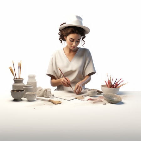 a woman, surrounded by paint brushes and brushes, sits at a table. the artwork she is creating showcases realistic forms with a play of light and white tones. the photorealistic renderings on glazed earthenware reflect the skill and precision of women designers. the scene captures the essence of letterboxing and the meticulous attention to detail. ai generatedの素材