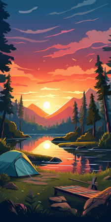 a sunset scene featuring a tent by the lake, surrounded by clouds and trees. this hyper-detailed illustration captures the beauty of nature in a warm color palette. the artwork showcases the california plein air style, with bold graphic illustrations. perfect for outdoor art enthusiasts, this 32k uhd image is a stunning addition to any collection. ai generatedの素材