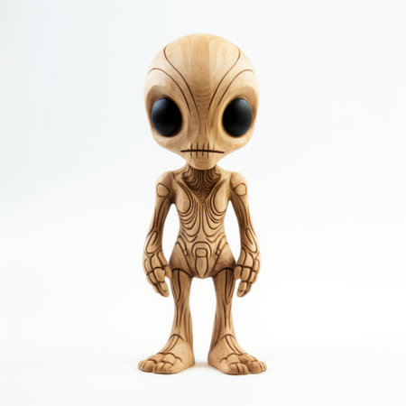 a wooden alien figure with a wide grin, showcasing intricate details reminiscent of artists like kilian eng, alan bean, and jasmine becket-griffith. this isolated figure presents a unique representation of the human form, combining graphic elements with symmetrical design. ai generatedの素材