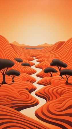 an animation and graphic illustration showcasing a desert landscape with organic flowing lines inspired by the art nouveau style. the artwork, reminiscent of mark henson's dark orange and black palette, draws influence from contemporary african art and the romantic riverscapes of patrick brown. the piece captures the essence of isolated landscapes, creating a visually captivating and unique composition. ai generatedの素材