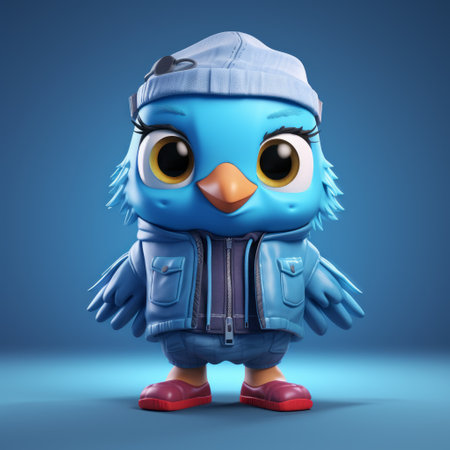 a blue bird wearing a baseball hat is depicted in this 3d rendering. the design showcases a quirky character style, reminiscent of zbrush and dolly kei. the atmosphere exudes a cold and detached vibe, while incorporating elements of hip-hop style. the bird is sculpted with intricate details and features a dotted pattern. ai generatedの素材