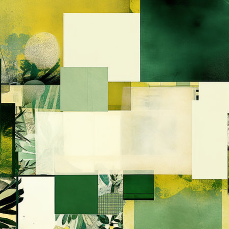 colorful squares on canvas, in the style of nature-inspired compositions. this digital collage features light yellow and dark emerald hues, merging deconstructed objects with ink wash techniques. the geometric shapes and patterns create a visually captivating artwork. discover this vibrant creation on flickr. ai generatedの素材
