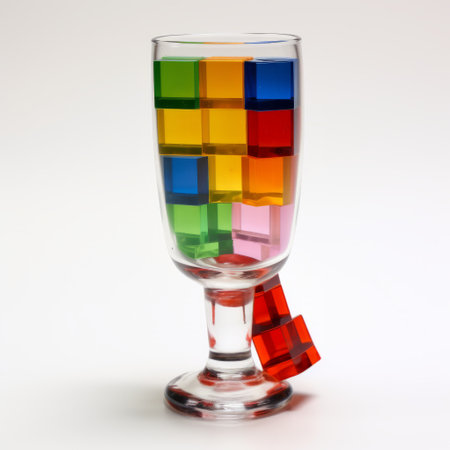 the glass is a vibrant display of bright color blocks, resembling a three-dimensional puzzle. its bold and fragmented design reflects the style of icepunk, with symbolic props adding to the overall color-madness. this captivating image is available under the creative commons attribution license. ai generatedの素材