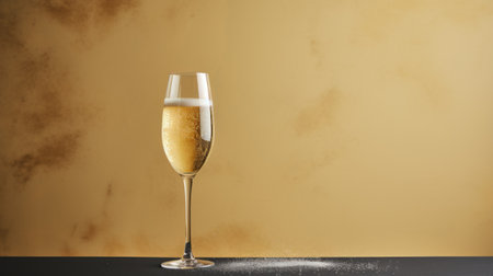 a champagne flute rests elegantly on a luxurious gold table, creating a visually striking composition. the flat v4l style enhances the explosive pigmentation, while the matte photo showcases traditional photographic techniques. the image exudes a sense of texture with its grit and grain, reminiscent of dutch and flemish art. the smokey background adds depth, reminiscent of the american barbizon school. ai generatedの素材