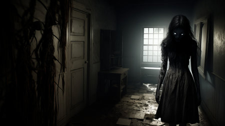 a terrifying dark scene captured in a full image, showcasing the ethereal portraiture style rendered in unreal engine. this antebellum gothic-inspired artwork features textured and layered surfaces, enhanced by natural lighting. the eerily realistic depiction is dominated by dark brown and white tones, creating a haunting atmosphere. ai generatedの素材