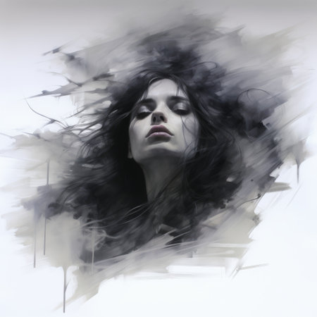 abstract painting by jeff savino, featuring dramatic black and white portraits with a soft, dreamy atmosphere. this digital artwork showcases the artist's mastery of digital airbrushing and aggressive digital illustration techniques. the flowing brushwork and painterly style evoke a sense of the pre-raphaelite movement. ai generatedの素材