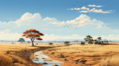 grassy plain in the middle of the desert, depicted in a digital painting style. this artwork showcases detailed hunting scenes inspired by the zaire school of popular painting. the vibrant colors of orange and azure create a charming and idyllic rural atmosphere. the monochrome landscapes and coastal scenery add depth to the overall composition. ai generatedの素材