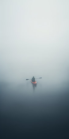 a red boat peacefully floats in the middle of a fog-covered lake, creating a captivating scene. this minimalistic portrait, captured in 8k resolution, showcases the depth of layers and evokes a sense of adventure. the melancholic self-portrait is set in a secluded and serene environment, adding to its allure. ai generatedの素材