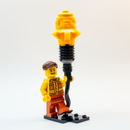 a person holding a lego light bulb, inspired by the tamron 24mm f/2.8 di iii osd m12 lens, against a backdrop of yellow and bronze columns and totems. the light bulb features a m42 mount and emits a dynamic energy, giving off a burned and charred effect. ai generatedの素材
