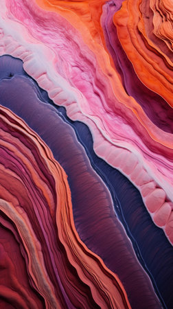 an aerial photograph showcasing a vibrant orange and purple color scheme with swirling textures. the photo captures pastel-colored landscapes and organic formations reminiscent of national geographic's style. the composition also features colorful woodcarvings, with dark crimson and pink hues adding depth to the image. ai generatedの素材