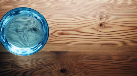 blue plate tethered to wooden table top in watery reflection. uhd image captures the essence of ren lalique's style with cartoonish simplicity. cross-processing adds a contemporary touch to the glass plate, while the varying wood grains provide a natural backdrop. back button focus ensures sharpness and clarity in this captivating photo. ai generatedの素材