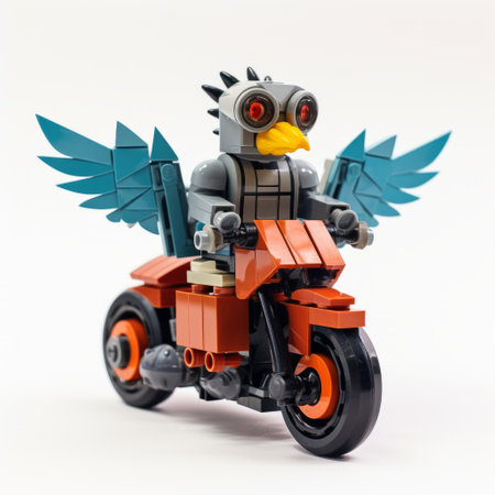 lego robot with hawk on ice, captured with the panasonic lumix s pro 50mm f/1.4 lens. the image showcases a combination of light teal and dark gray colors, resulting in a clean and sharp inking effect. the dark gray and amber tones add a touch of mystery to the scene. the composition features supernatural creatures and a symmetrical asymmetry, with toy-like proportions. ai generatedの素材