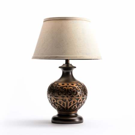an ornate lamp with a white shade, featuring a light brown and dark bronze color scheme. the softbox lighting creates a captivating interplay of light and shadow, enhancing the bronze casting and densely patterned imagery. the high-key lighting adds a touch of elegance to this stunning piece. ai generatedの素材
