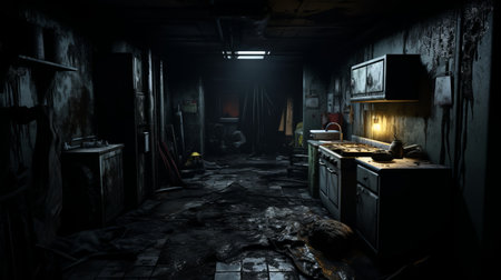 the labyrinth is a dark and desolate room rendered in unreal engine, featuring gritty urban scenes and a kitchen still life. the room is devoid of light, with rough hewn surfaces and a dark yellow and white color palette. the atmosphere is reminiscent of burned and charred surroundings, evoking a sense of mystery and intrigue. ai generatedの素材