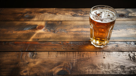 a cup of beer sits on a rustic wooden table, showcasing the raw authenticity of american tonalist style. the sparse background highlights the stonepunk aesthetic, with detailed elements that seamlessly blend natural and man-made elements. ai generatedの素材