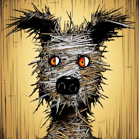the photo showcases a collection of illustrations featuring shack animal art and inspiration. the style of the artwork is characterized by close-up intensity, with pulled, scraped, and scratched techniques used to create simplified dog figures. the illustrations exhibit symmetrical chaos and layered fibers, resulting in a dystopian cartoon aesthetic. the color palette predominantly consists of light amber and black tones. ai generatedの素材