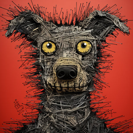 a wire art dog by danieknulle, featuring gritty horror comics style and expressionist imagery. this digital illustration showcases detailed and layered compositions, incorporating masks and totems. the artwork is characterized by a thick impasto texture and dark humor graphic prints. ai generatedの素材