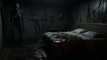 the photo showcases a creepy dark room adorned with zombie decorations. the room's ambiance captures suburban ennui through its uneven textures. the photorealistic renderings, created using unreal engine 5, evoke a sense of realism and romance. the color scheme of dark red and white adds to the overall dark and hyper-realistic atmosphere. ai generatedの素材