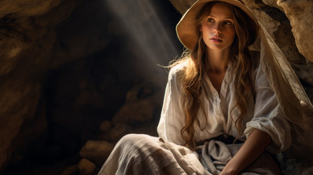 young woman in a white hat and turban sits in a cave, reminiscent of a biblical drama. sunrays beautifully illuminate the scene, adding a touch of mystique. this uhd image captures the historical drama portrayed by duffy sheridan and floris arntzenius, as envisioned by robert john thornton. ai generatedの素材