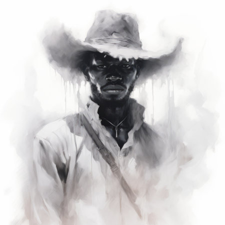 a black cowboy named charles is depicted in this original illustration by adrian robert king. the artwork, inspired by the styles of ross tran and serge attukwei clottey, showcases detailed character expressions. the color palette consists of white and gray tones, creating a brooding and washed-out mood. the artwork has a speedpainting aesthetic. ai generatedの素材