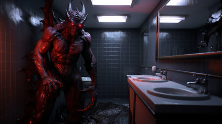 a red demon, rendered in the style of unreal engine, stands menacingly in a bathroom. this hyper-detailed and realistic scene showcases the impressive capabilities of magewave's polished metamorphosis. the dark and foreboding landscape, along with the hyper-realistic details, create a truly immersive experience. ai generatedの素材